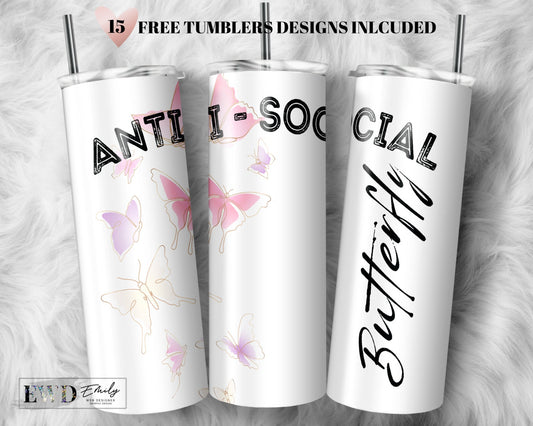 20oz Skinny Tumbler Anti Social Butterfly Sublimation Design Templates, Tumbler Straight PNG Pink Butterfly, Introvert Design