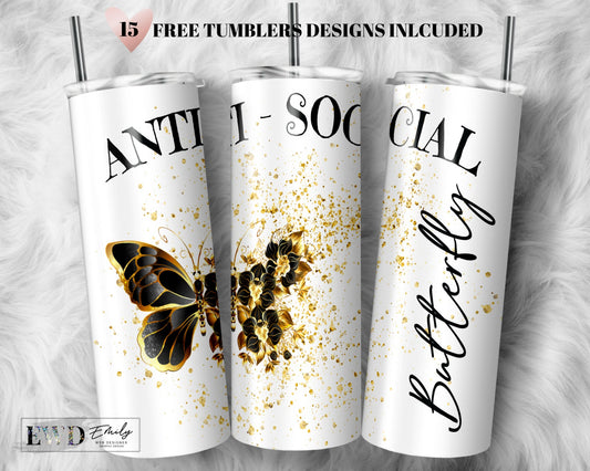 20oz Skinny Tumbler Anti Social Butterfly Sublimation Design Templates, Tumbler Straight PNG Gold Butterfly, Introvert Design