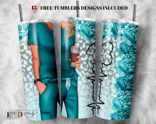 Teal Nurse 20 oz Skinny Tumbler Sublimation Nurse Wrap Design For Straight Tumbler, PNG, Digital, Leopard Glitter Print png