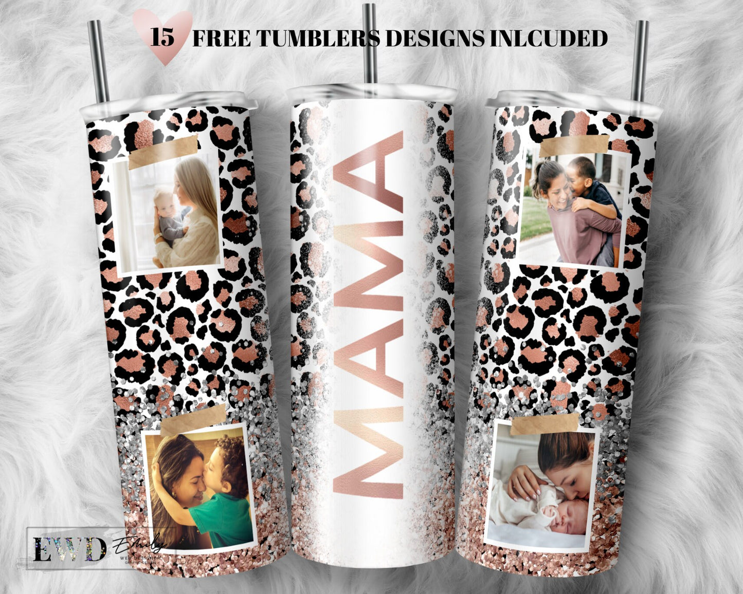 20 OZ Seamless Glitter Leopard Mama Photo Skinny Tumbler Design - Sublimation Wrap Design - Tumbler PNG - Template