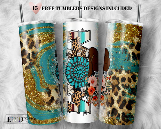 Western Mama Tumbler PNG, Print Sublimation Design, 20 oz Skinny Tumbler, Leopard gold Teal Mom Tumbler Wrap, Digital Download File