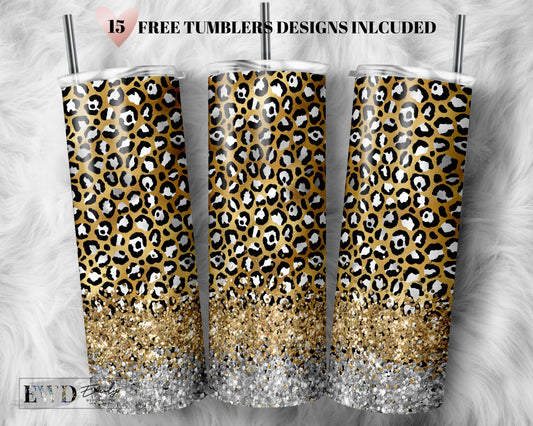 20 OZ Glitter Leopard Silver Sublimation Skinny Tumbler Design - Gold Sublimation Wrap Design - Tumbler PNG - Template