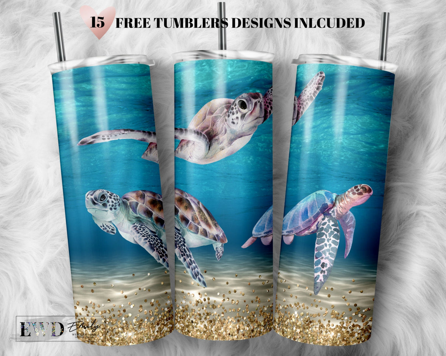 Sea Turtles Sublimation Tumbler Designs, Glitter Ocean 20oz Skinny Tumbler Wrap Template - PNG Digital Download