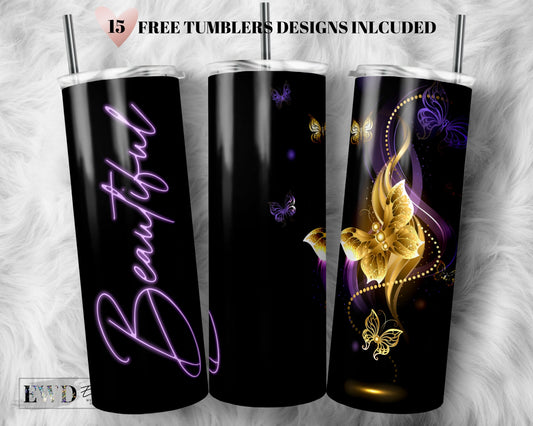 20oz Skinny Tumbler Beautiful Butterfly Inspirational Sublimation Design Templates, Butterflies PNG Digital Download