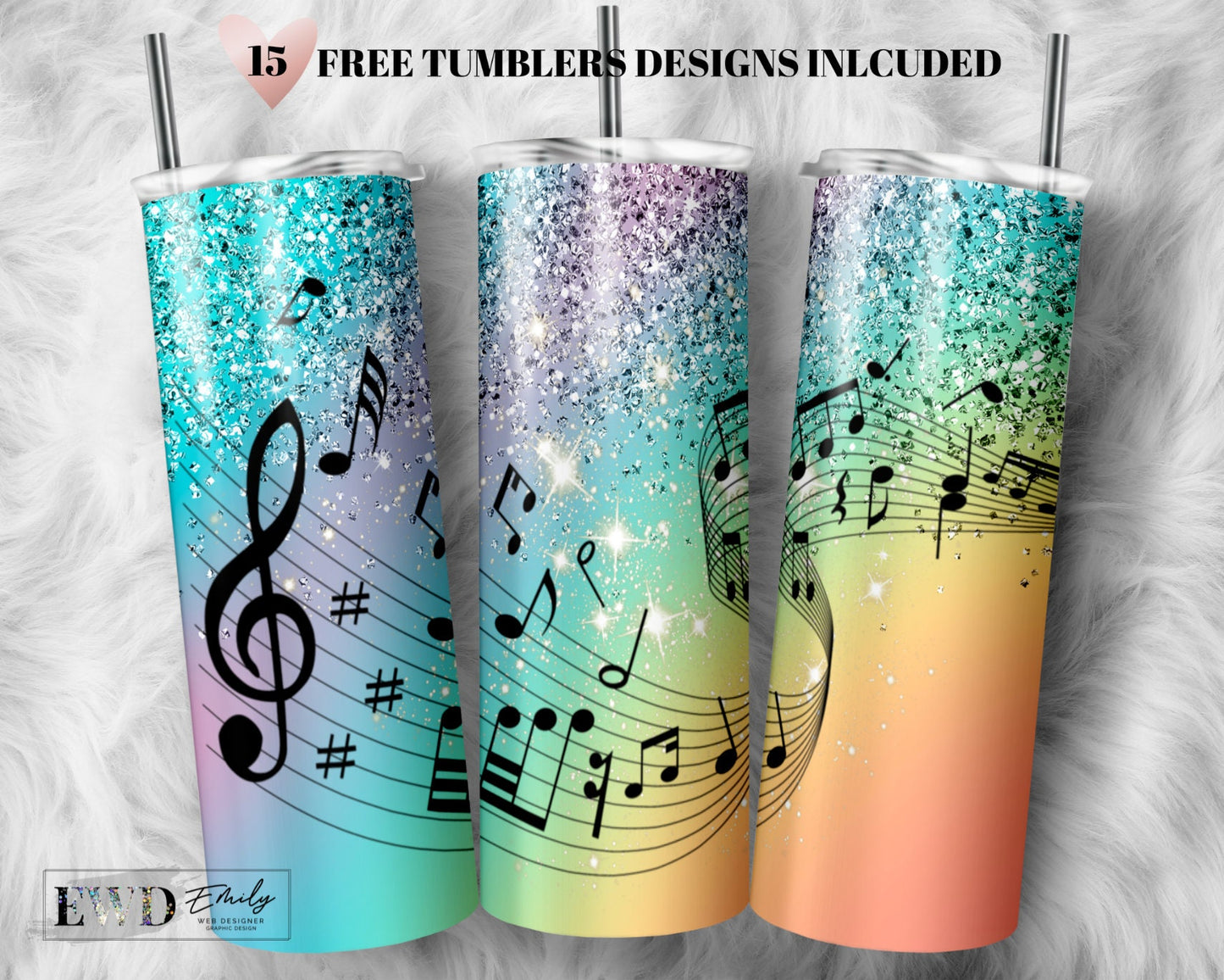 Music Notes 20oz STRAIGHT Skinny Tumbler Wrap/Glitter 20oz Tumbler Sublimation/Rainbow Digital 20oz Tumbler