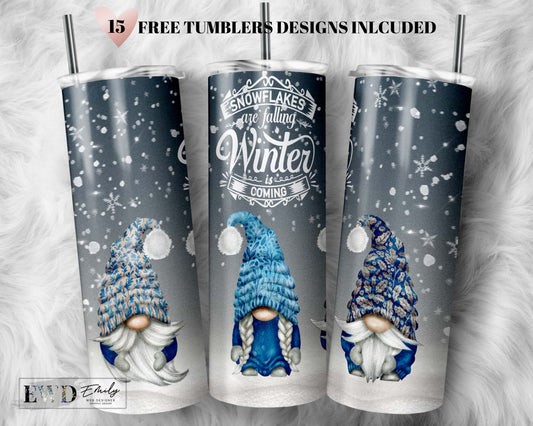 Winter gnome tumbler design, Snow, cold, Holiday, glitter, blue, snowflakes , sublimation design, 20 oz skinny straight tumbler design