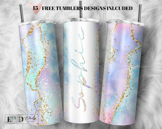 Add Your Own Text / Name Multicolor Agate Gold Marble Glitter Sublimation Tumbler Designs - 20oz Skinny Tumbler Templates - PNG