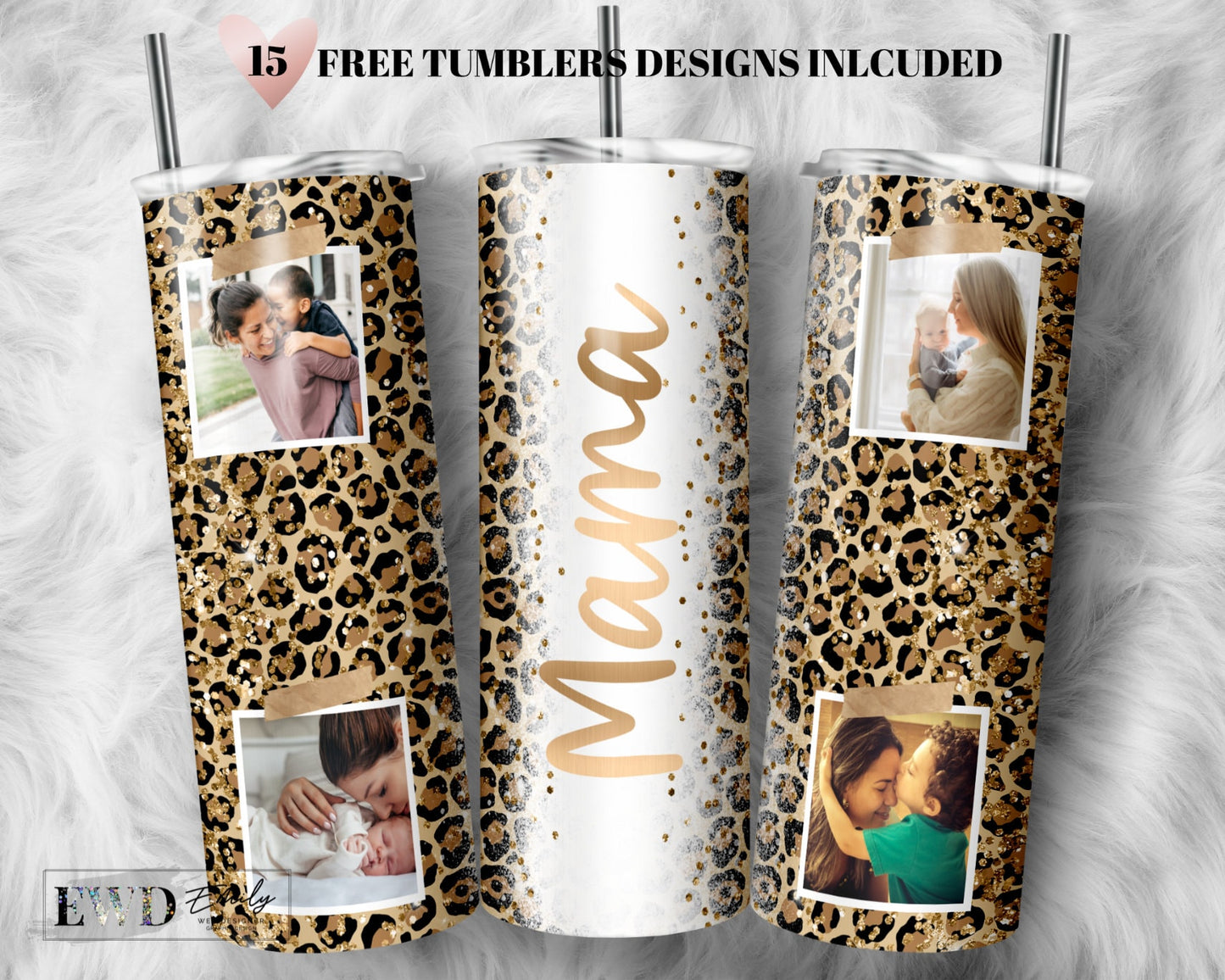 20 OZ Seamless Glitter Leopard Mama Photo Skinny Tumbler Design - Sublimation Wrap Design - Tumbler PNG - Template