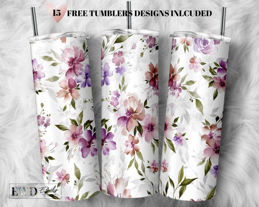 Watercolor Floral Sublimation Designs For Tumbler Downloads Watercolor flower Skinny Tumbler Templates 20oz Design PNG Commercial Use