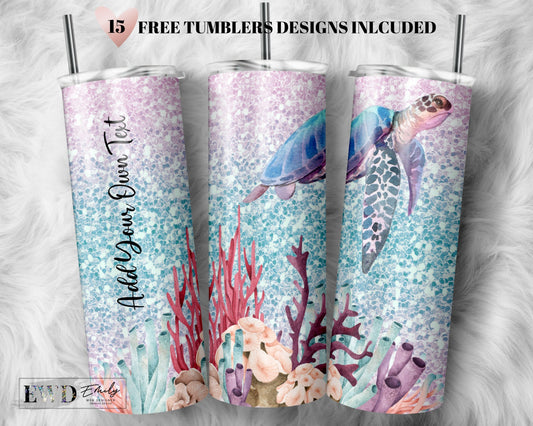 Add Your Own, Sea Turtle 20 oz Skinny Tumbler, Sublimation Design, PNG, Blue Glitter, Beach, Tropical, Ocean, Instant Download