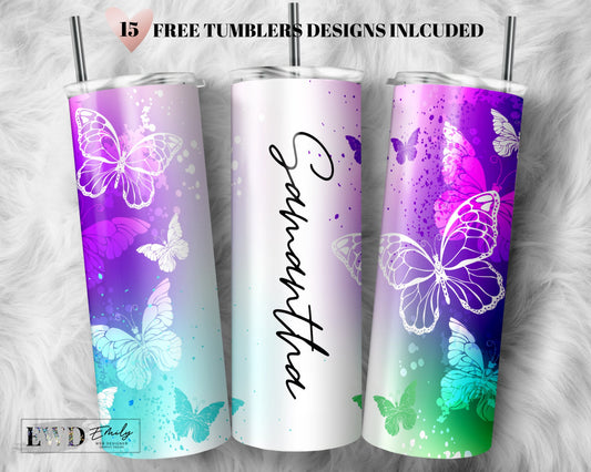 Add Your Text Butterfly Tumbler Sublimation Designs Skinny Tumbler 20oz Full Wrap Templates Seamless Tumbler