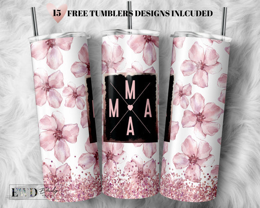 20oz Skinny Tumbler, Mama Tumbler PNG, Mom Tumbler Wrap, Seamless Floral Tumbler Design, Flower Tumbler, Mum Tumbler - PNG Instant Download