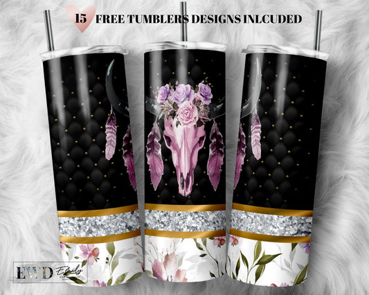 Western Tumbler Design Cowgirl Bull Cow Skull Seamless Country Sublimation Designs Downloads - Skinny 20oz