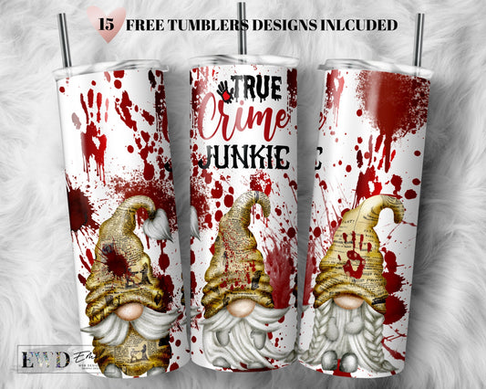 True crime Gnome Tumbler Wrap PNG, True crime Lover, 20 oz Skinny Sublimation Tumbler Designs For Tumbler Digital Download