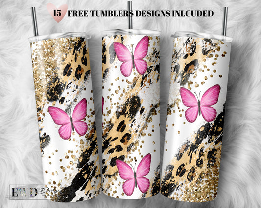 20oz Skinny Tumbler Sublimation Designs Butterflies Leopard and Cow print Tumbler - Tumbler Design - PNG Digital Download