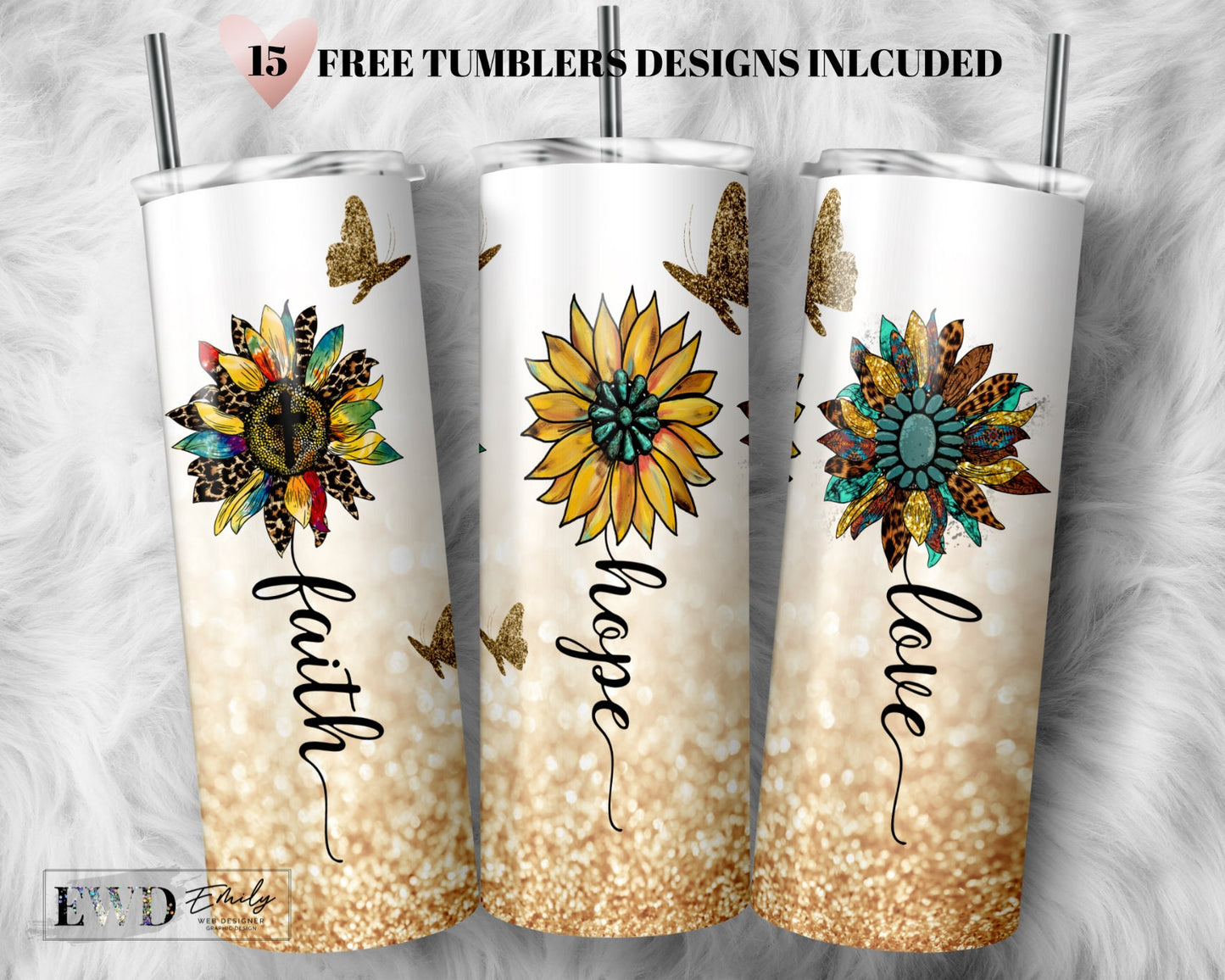 20oz Skinny Tumbler Faith Love Hope Sunflower Floral Western Sublimation Design Templates, Religious PNG Digital Download