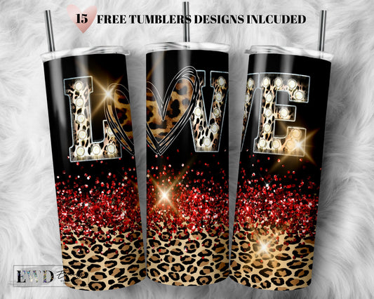 Valentine Glitter Leopard Love Tumbler PNG, 20oz Skinny Tumbler Sublimation Wrap, Valentine Tumbler PNG Download, Cheetah, Commercial Use