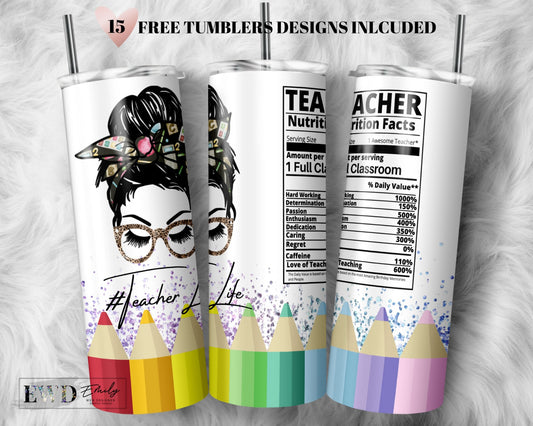 Teacher Nutrition Facts Crayons Tumbler Design, Back to School Teacher 20oz Skinny Tumbler Wrap Designs Template PNG Instant Download