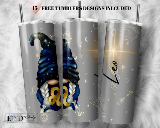 Leo Zodiac Gnome Tumbler Wrap PNG, Zodiac Sign, 20 oz Skinny Sublimation Tumbler Designs for Tumbler Digital Download