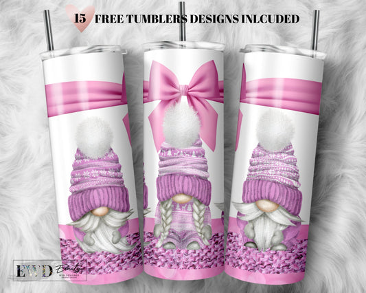 Pink Winter Gnome Tumbler Wrap PNG, Winter tumbler, 20 oz Skinny Sublimation Tumbler Designs for Tumbler Digital Download