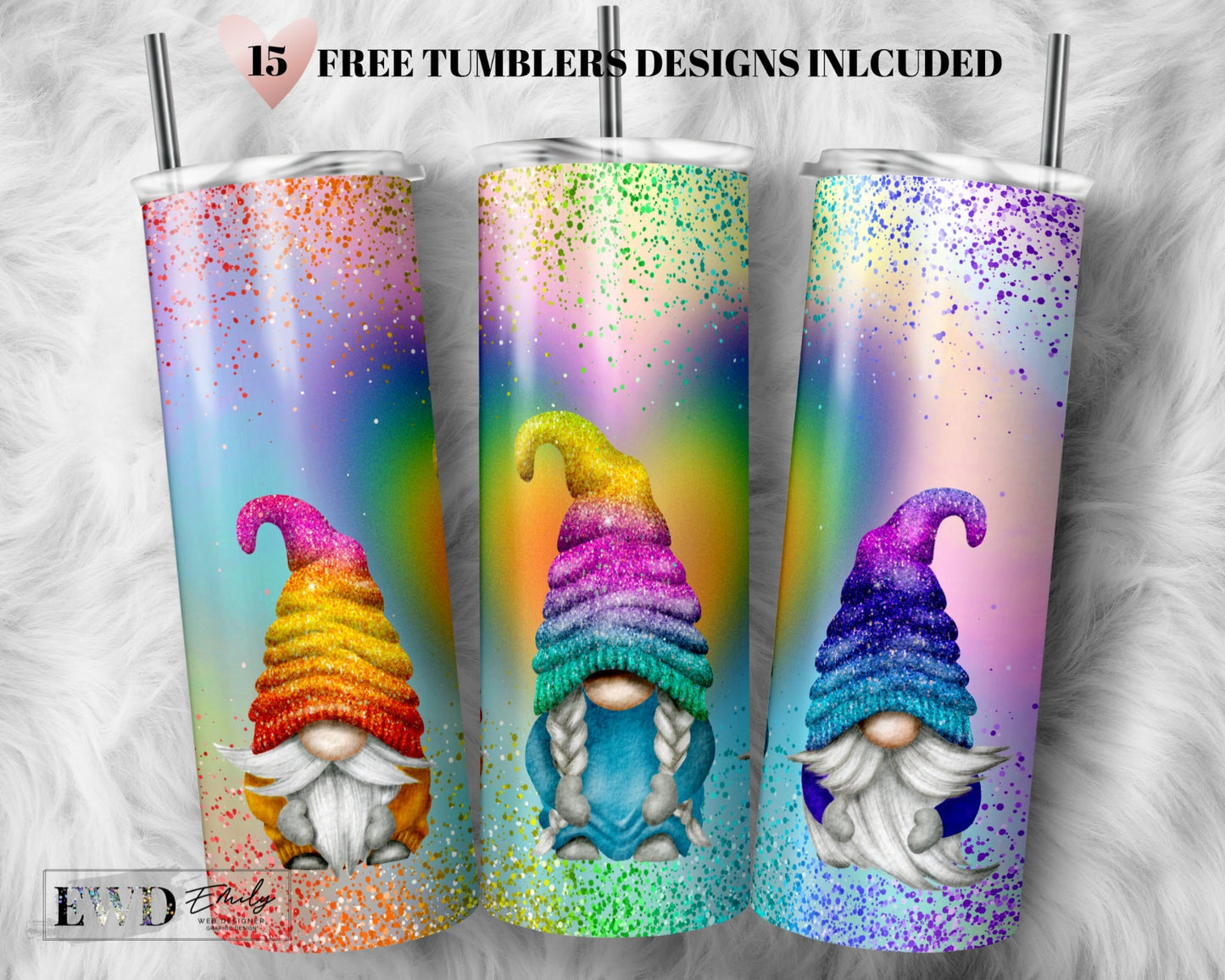 Rainbow Gnome Tumbler Wrap PNG, Glitter tumbler, 20 oz Skinny Sublimation Tumbler Designs for Tumbler Digital Download