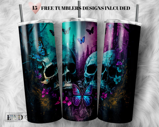 Watercolor Skulls with Butterfly Tumbler 20oz - Horror tumbler Sublimation Designs PNG File Digital Download