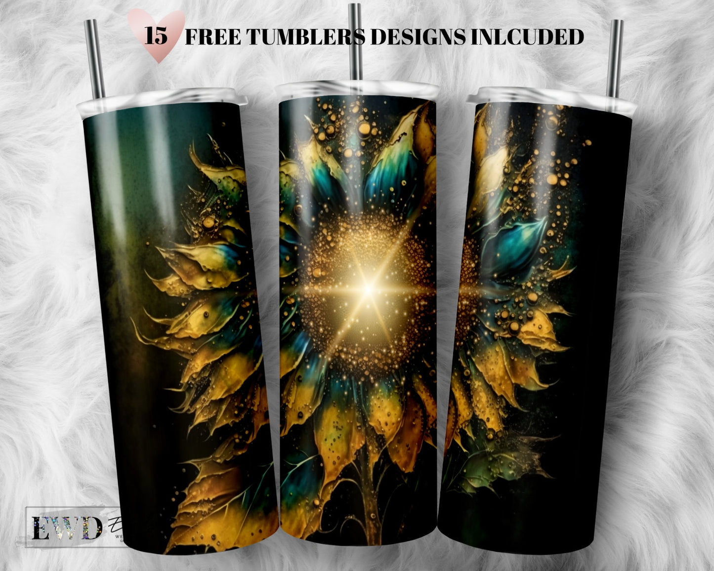 Alcohol Ink Sunflowers 20 oz Skinny Tumbler Sublimation Design Digital Download PNG Instant DIGITAL ONLY, Glitter Print Wrap