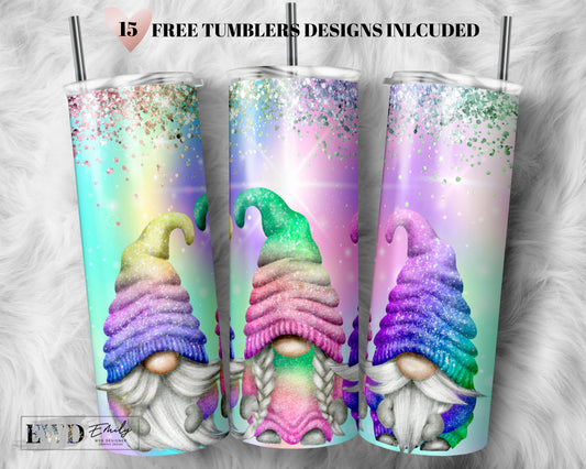 Rainbow Gnome Tumbler Wrap PNG, Rainbow Sparkle, 20 oz Skinny Sublimation Tumbler Designs for Tumbler Digital Download