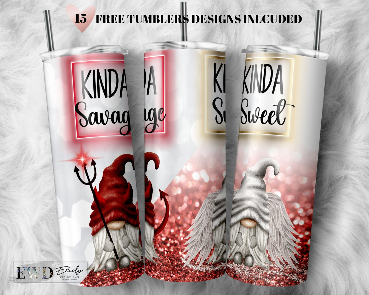 Devil and Angel Gnome Tumbler Wrap PNG, Kinda Sweet Kinda Savage, 20 oz Skinny Sublimation Tumbler Designs for Tumbler Digital Download