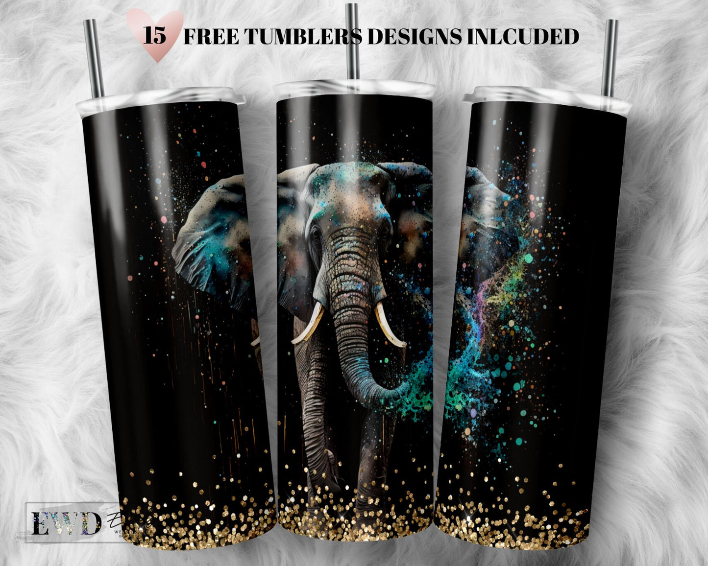 Alcohol Ink Elephant 20 oz Skinny Tumbler Sublimation Design Digital Download PNG Instant DIGITAL ONLY, Glitter Print Wrap