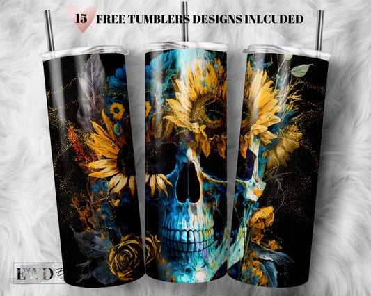 Alcohol Ink Skull Sunflower 20 oz Skinny Tumbler Sublimation Design Digital Download PNG Instant DIGITAL ONLY, Glitter Print Wrap