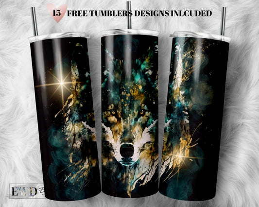 Alcohol Ink Wolf 20 oz Skinny Tumbler Sublimation Design Digital Download PNG Instant DIGITAL ONLY, Glitter Print Wrap