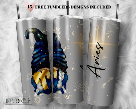 Aries Zodiac Gnome Tumbler Wrap PNG, Zodiac Sign, 20 oz Skinny Sublimation Tumbler Designs for Tumbler Digital Download