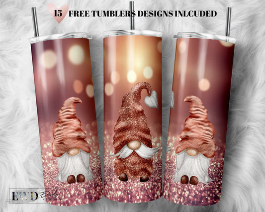Rose Gold Gnome Tumbler Wrap PNG, Glitter tumbler, 20 oz Skinny Sublimation Tumbler Designs for Tumbler Digital Download