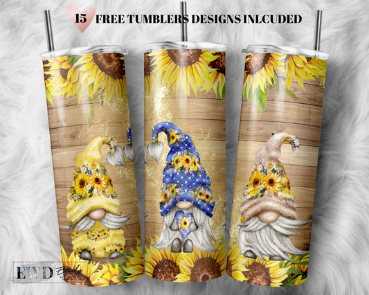 Sunflower Gnome Tumbler Wrap PNG, Flower tumbler, 20 oz Skinny Sublimation Tumbler Designs for Tumbler Digital Download