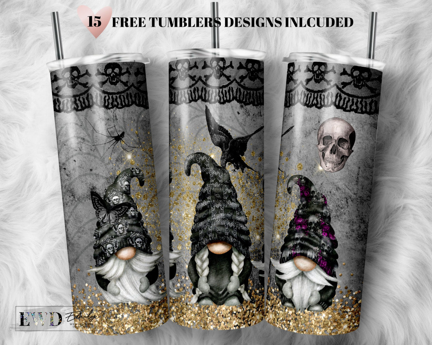 Gothic Gnome Tumbler Wrap PNG, Skull tumbler, 20 oz Skinny Sublimation Tumbler Designs for Tumbler Digital Download