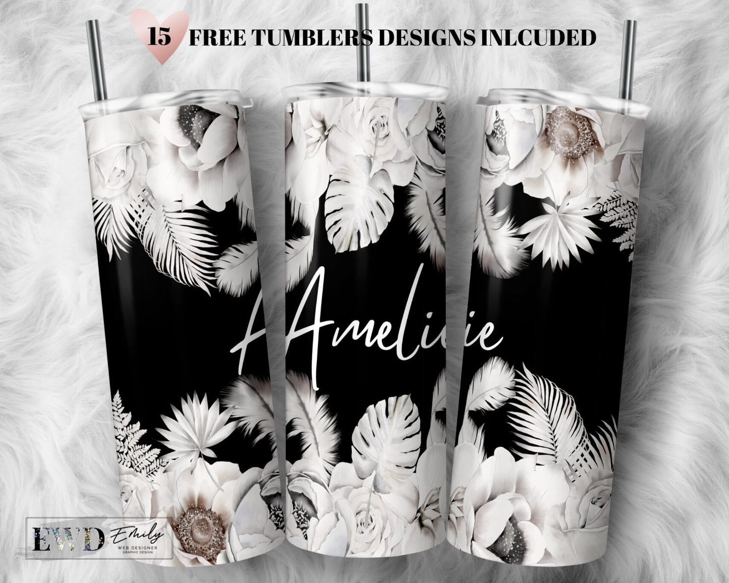 Floral Tumbler, Add your own text or name, Sublimation Tumbler, Seamless floral design 20oz Skinny Tumbler Wraps PNG