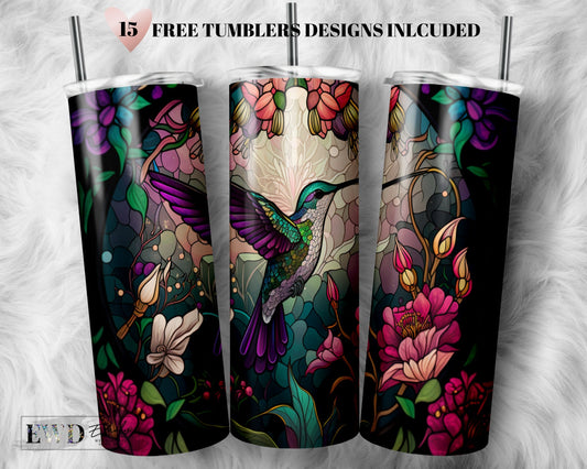Stained Glass Hummingbird 20 oz Skinny Tumbler Sublimation Design Digital Download PNG Instant DIGITAL ONLY, Floral Tumbler Wrap