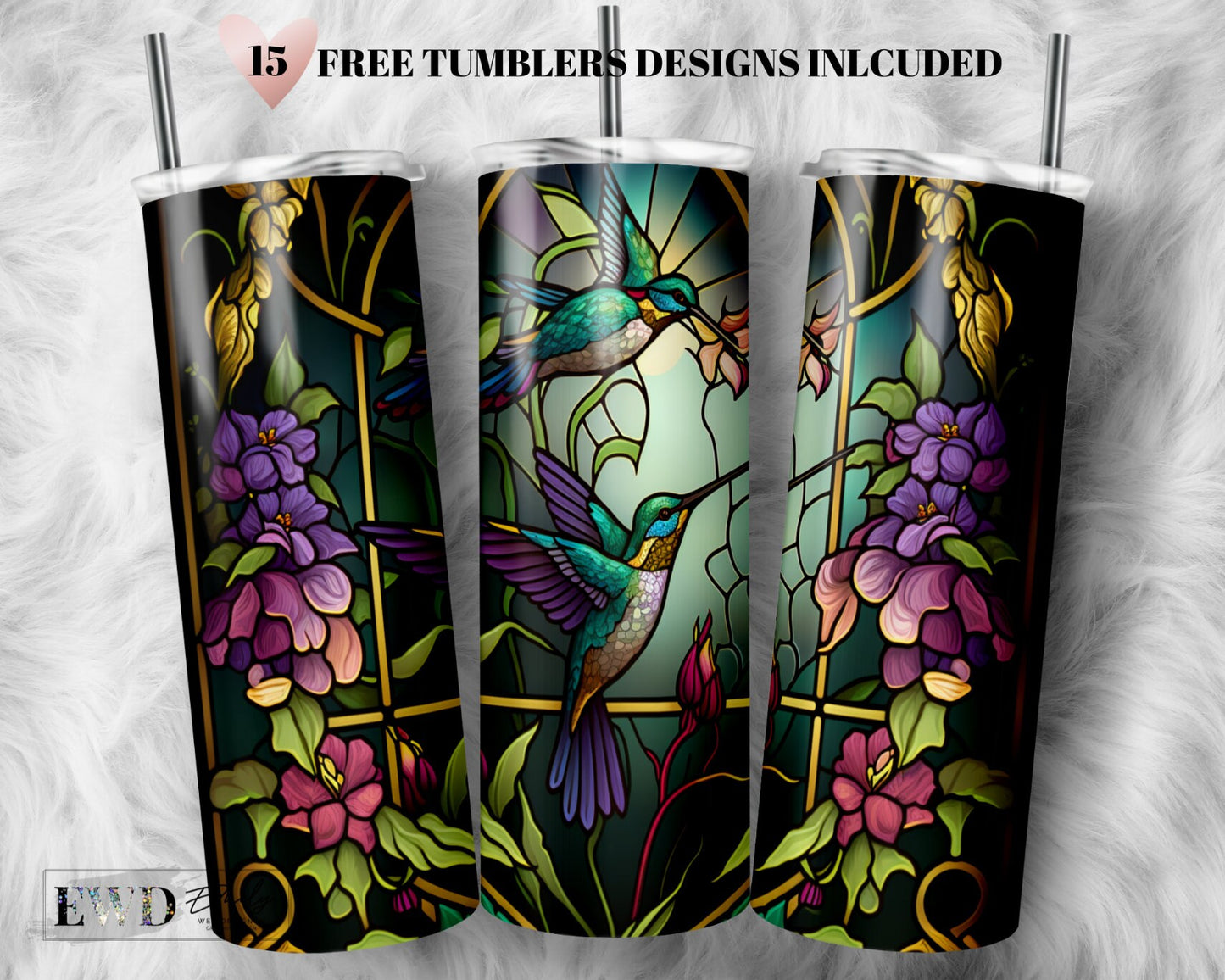 Stained Glass Hummingbird 20 oz Skinny Tumbler Sublimation Design Digital Download PNG Instant DIGITAL ONLY, Floral Tumbler Wrap