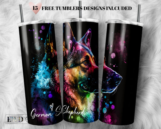 Alcohol Ink German Shepherd 20 oz Skinny Tumbler Sublimation Design Digital Download PNG Instant, Dog Lover Tumbler Design Digital Download