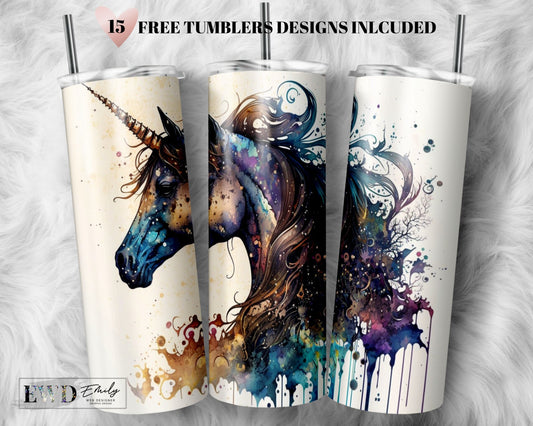 Watercolor Unicorn Tumbler Wrap PNG Tumbler Wrap Seamless Sublimation Designs Downloads - Skinny 20oz Design