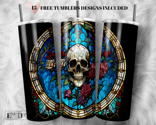 Stained Glass Skull and Roses 20 oz Skinny Tumbler Sublimation Design Digital Download PNG Instant DIGITAL ONLY, Gothic Wrap