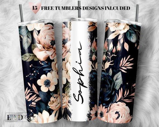 Add Your Own Name Navy Blue and Blush Floral Sublimation Tumbler Seamless Sublimation Designs Downloads - Skinny Tumbler 20oz Design - PNG