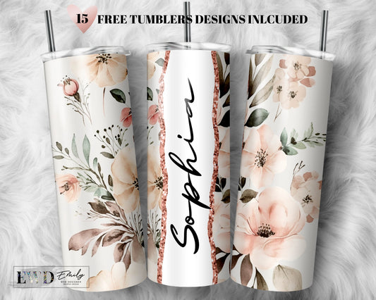 Add Your Own Name Blush Floral Sublimation Tumbler Seamless Sublimation Designs Downloads - Skinny Tumbler 20oz Design - PNG
