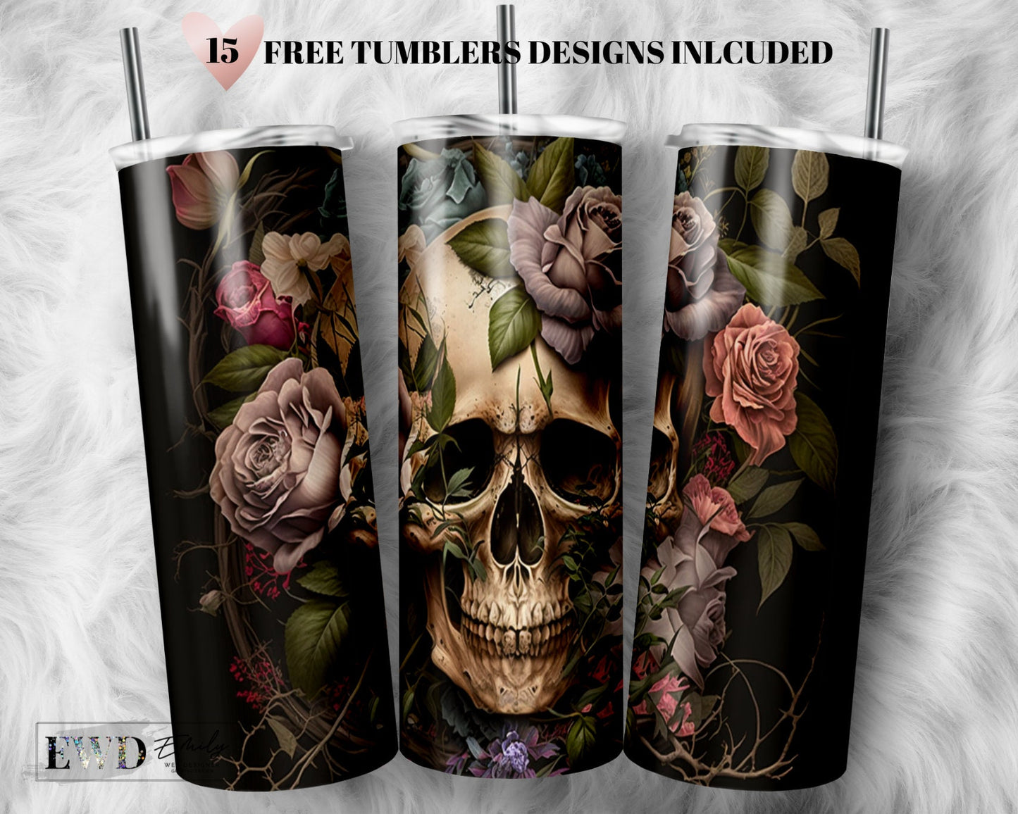 Skulls with Roses Tumbler 20oz - Horror tumbler Sublimation Designs PNG File Digital Download
