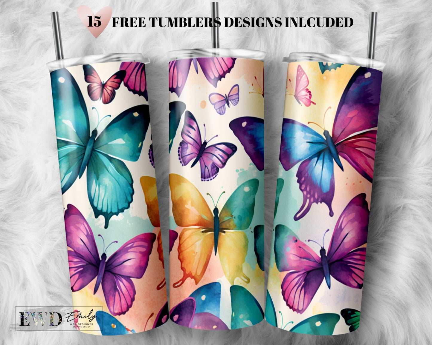 Watercolor Butterflies 20oz Tumbler Wrap PNG Download - 20 oz Skinny Tumbler Sublimation Design Digital Download PNG