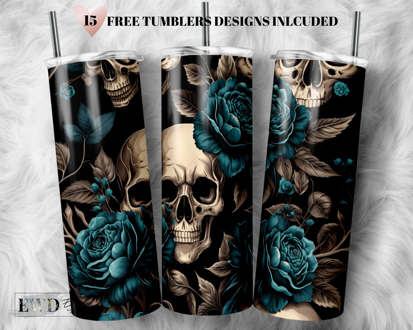 Blue Skulls with Roses Seamless Tumbler 20oz - Horror tumbler Sublimation Designs PNG File Digital Download