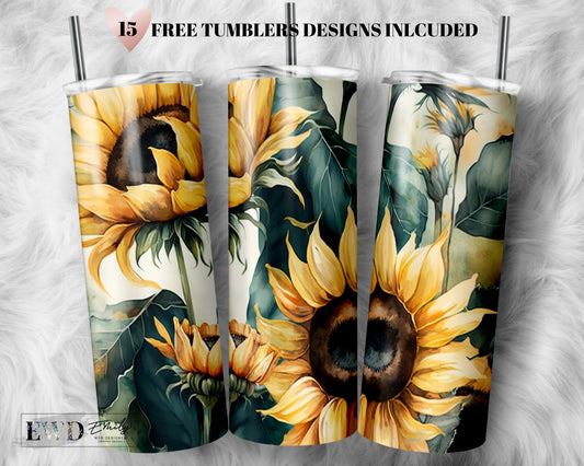 Watercolor Sunflowers 20 oz Skinny Tumbler Sublimation Tumbler Design Digital Download PNG
