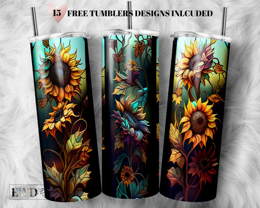Stained Glass Sunflower 20 oz Skinny Tumbler Sublimation Design Digital Download PNG Instant DIGITAL ONLY, Floral Tumbler png
