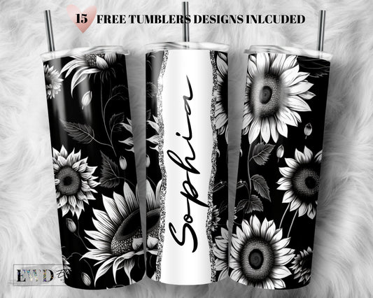 Add Your Own Name Black and White Sunflowers Sublimation Tumbler Seamless Sublimation Designs Downloads - Skinny Tumbler 20oz Design - PNG